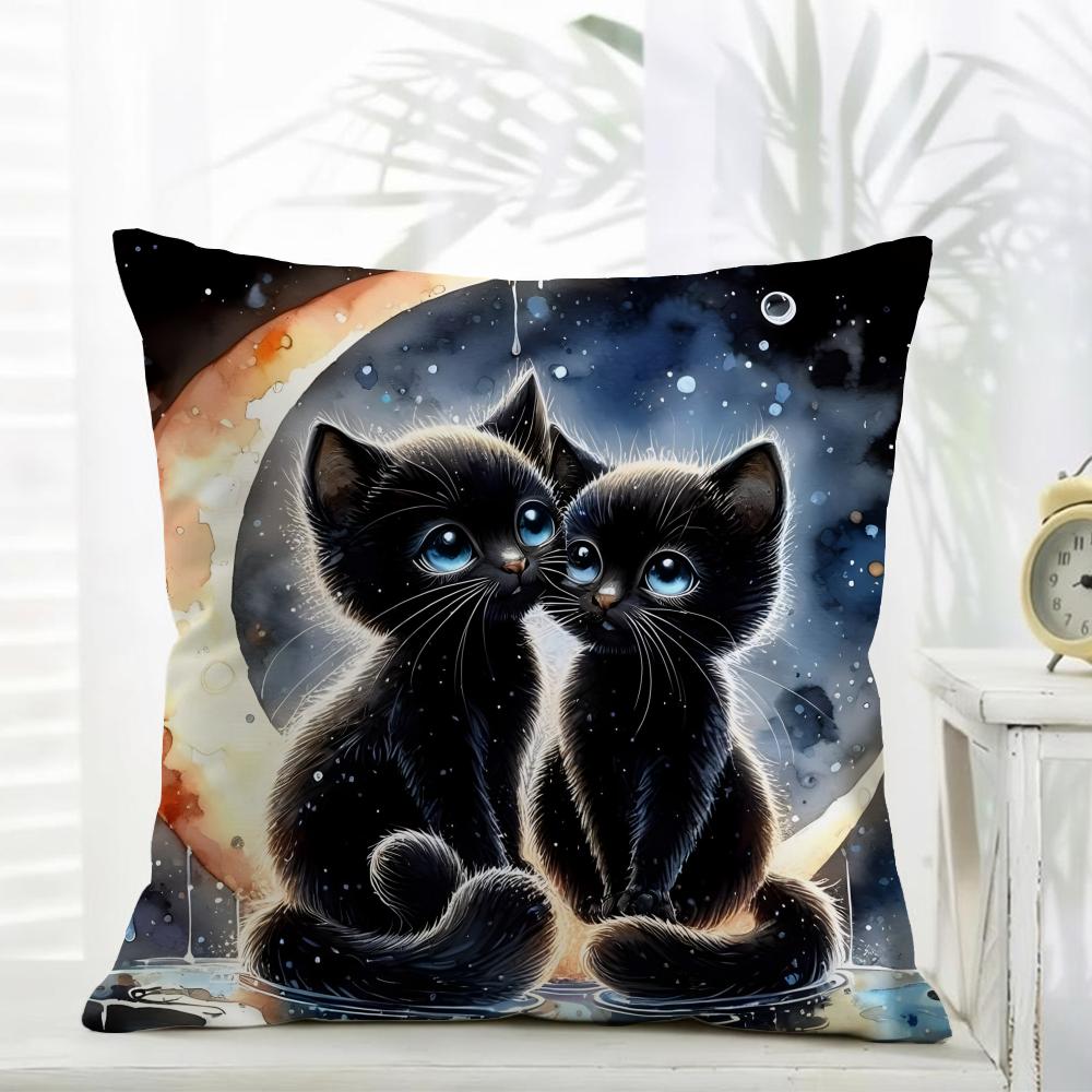L-Little Black Cat Couple Pillow Cute Cushion Cover Daily Washable Linen Pillowcase Soft For Sofa Bed Home Room Decor
