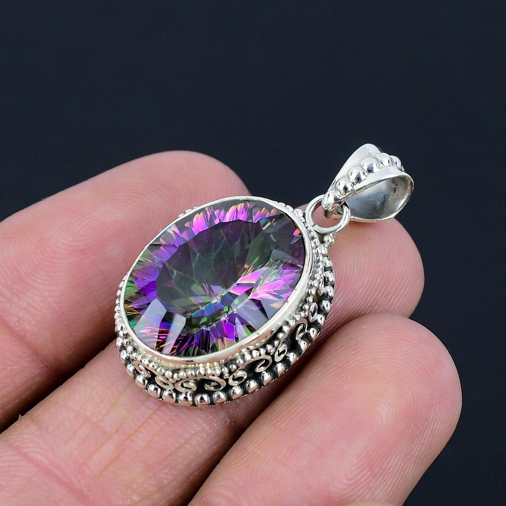 Natural Mystic Topaz Gemstone Pendant, 925 Sterling Silver, Multicolor Gemstone, Handmade Pendant Jewelry Gift For Valentine's Day