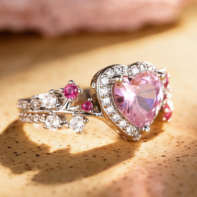 Huitan Aesthetic Design Women CopperColor Ring Inlaidbrilliant Heart Pink CZ Romantic Wedding Engagement Accessories Jewelry