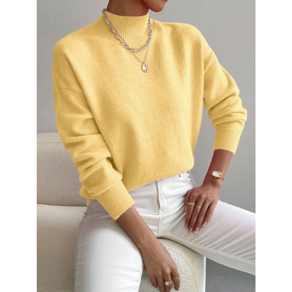Solid Color Loose Knit Top Semi High Neck Pullover Long Sleeved Sweater Women Autumn and Winter