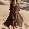 Women V Neck Solid Color Three Quarter Sleeve Cotton Linen Loose Fit Casual Long Dress with Flared Hem