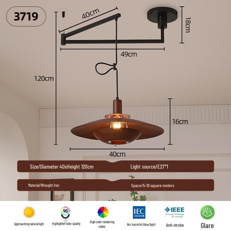 Vintage Walnut Wood Swing Arm Chandelier for Dining Table or Cafe Bar