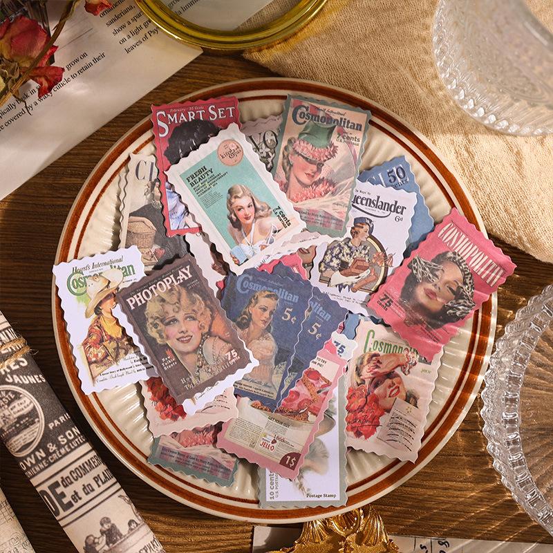 1pack/48pcs Stamps Stickers Retro Literary Decoration Material Diy Handbook Card Collage Landscaping Stickers Self-adhesive Sealing Stickers