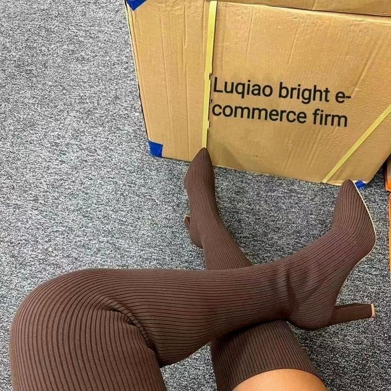 Damskie buty za kolano Zimowe za kolano Dzianinowe Elastyczne Skarpetki Buty Ciepłe Seksowne Szpilki Obcasy Szpiczaste Długie Buty 35-43 botas mujer