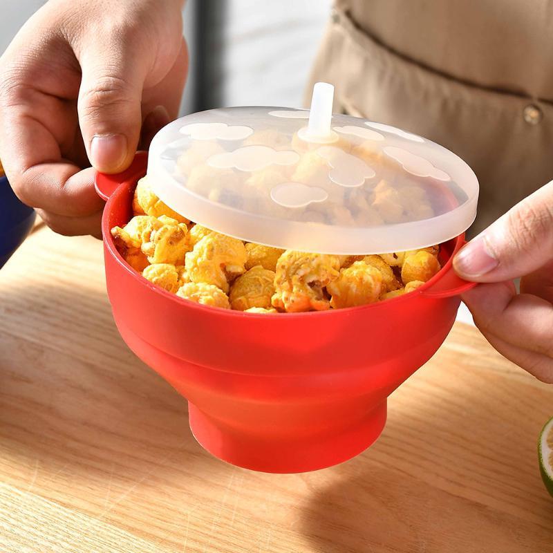 Collapsible Silicone Microwave Popcorn Maker Non-Toxic Popper Bowl with Lid for Family Weekend Movie Time
