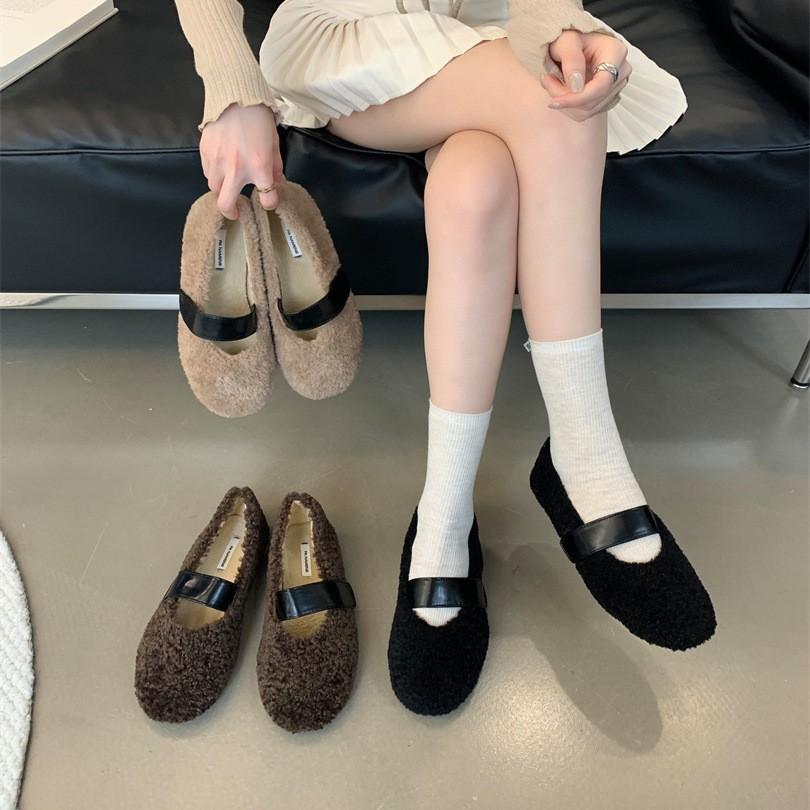 ~ Niche design leather Korean version of flat-soled lamb wool single shoes autumn and winter versatile casual cashmere Doudou shoes