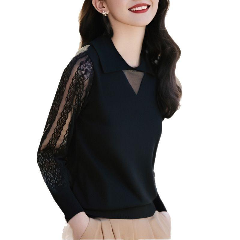Spring and Autumn Lace Knitted Sweater Long Sleeve Top Women's Small Lapel Bottom