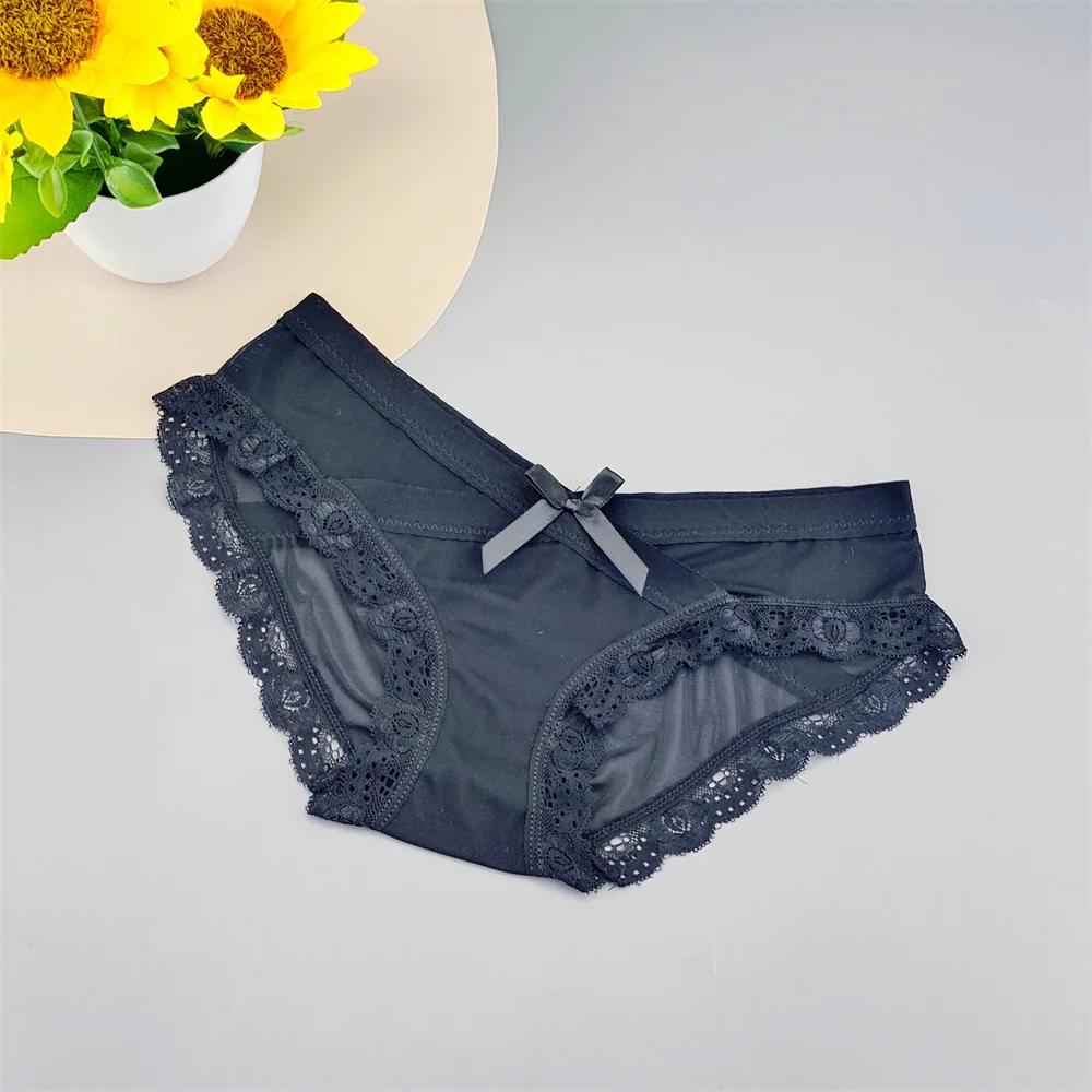 3PC Low Rise Lace Ruffles Women's Mesh Underwear Sweet Ladies Perspective Sexy Briefs Comfortable Panties