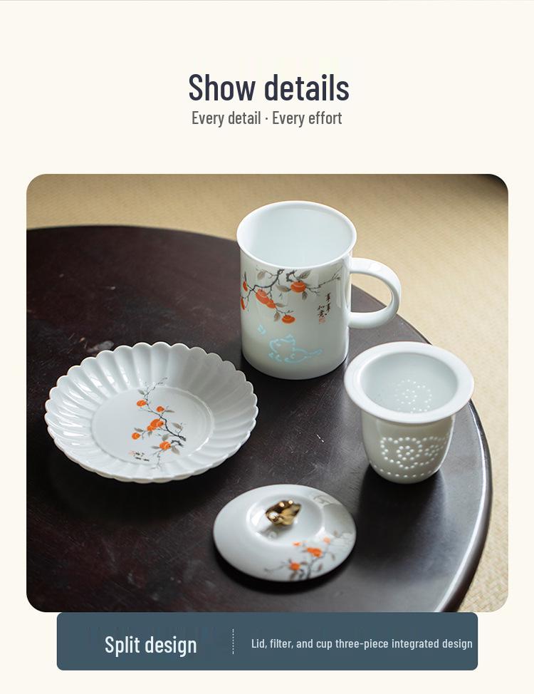Exquisite Mutton Fat Jade Office Tea Cup Set with Lid & Filter