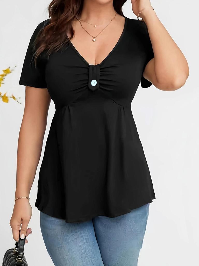 Women's V-neck Short-Sleeve Waist-Cinching T-Shirt - Spring/Summer Fit