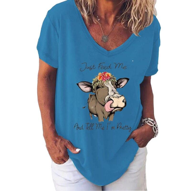 Fashion Spring  Cattle Print Blouses Short Sleeved V-Neck T Shirts Casual