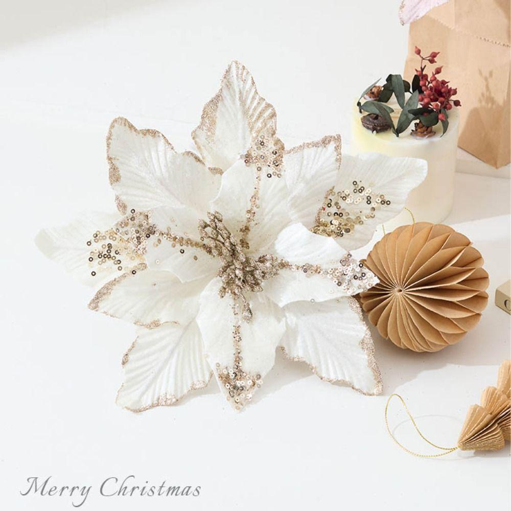 Flannel Fabric Christmas Artificial Flowers Glitter 28cm Xmas Decorative Flowers Plastic DIY Glitter Poinsettia Christmas Decor