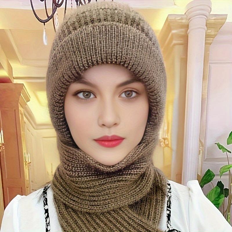 Womens Warm Knit Hat Scarf One Piece Woolen Thermal Hat with Ear Protection Windproof Winter Outdoor Accessories Christmas Gift