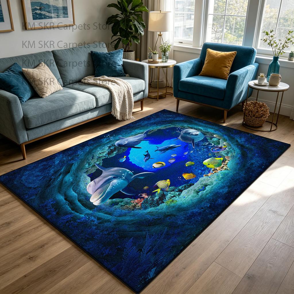 3D Ocean World Living Room Carpet Cute Lounge Décor Machine Washable Non-slip Lounge Rug Soft Fluffy Bedroom Bedside Mat Custom