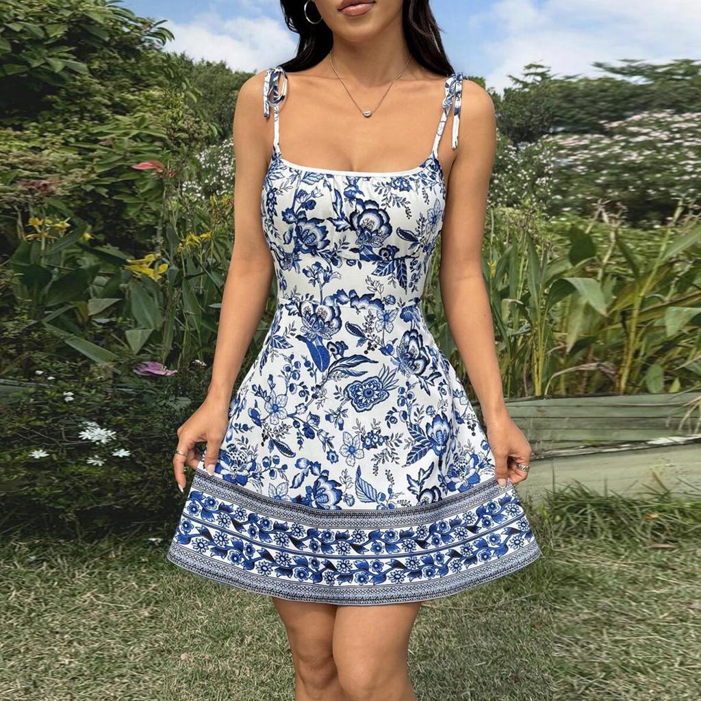 Women's Fashion Floral Print Waisted Spaghetti Strap Dresses