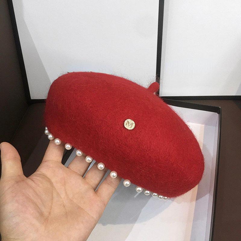 

Берет с жемчужной отделкой, женский осенне-зимний тренд, универсальная винтажная шерстяная шляпа художника в британском стиле, элегантная однотонная шляпа 55-58cm красный