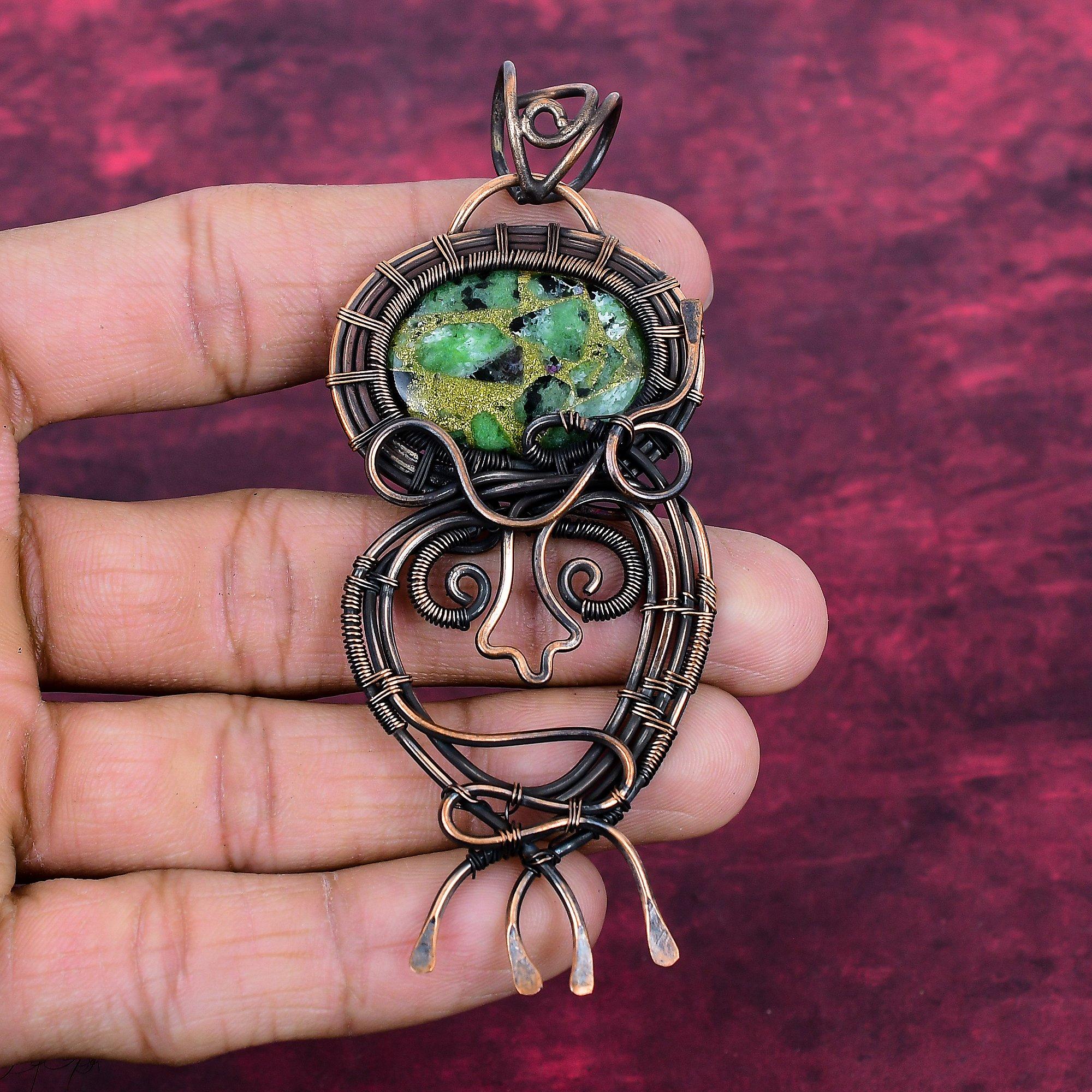 Copper Ruby Zoisite Gemstone Pendant Handmade Copper Wire Wrapped Unique Jewelry