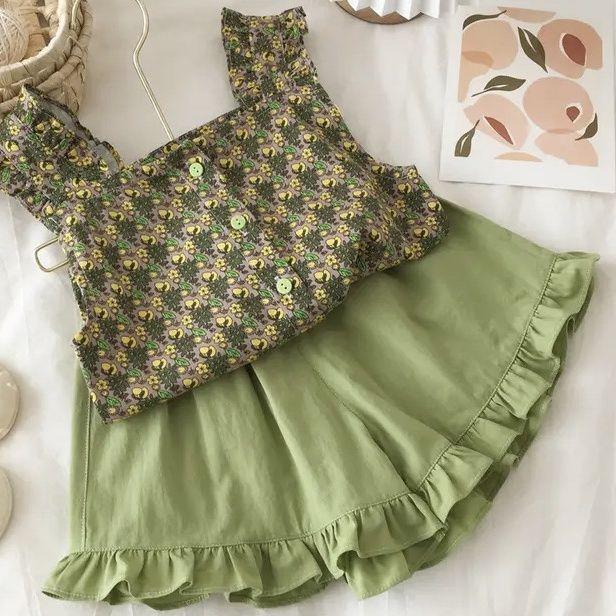 Baby Girls Suit Summer Lightweight Breathable Fashion Korean Solid Color Shorts+floral Suspenders Two-piece Set