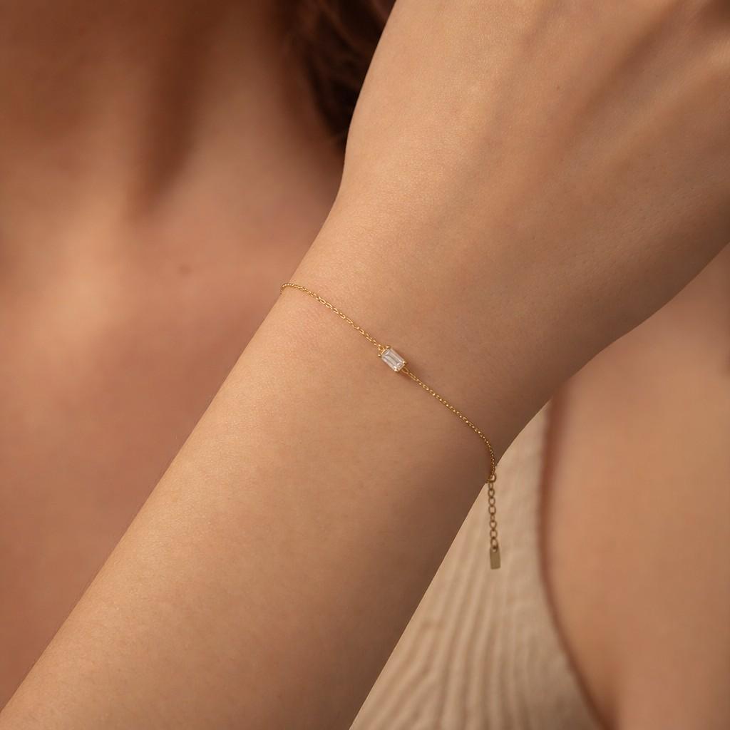 Ready to Ship 18K PVD Gold Plated Rectangle Zirconia Stainless Steel Charm Bracelet for Women Jewelry