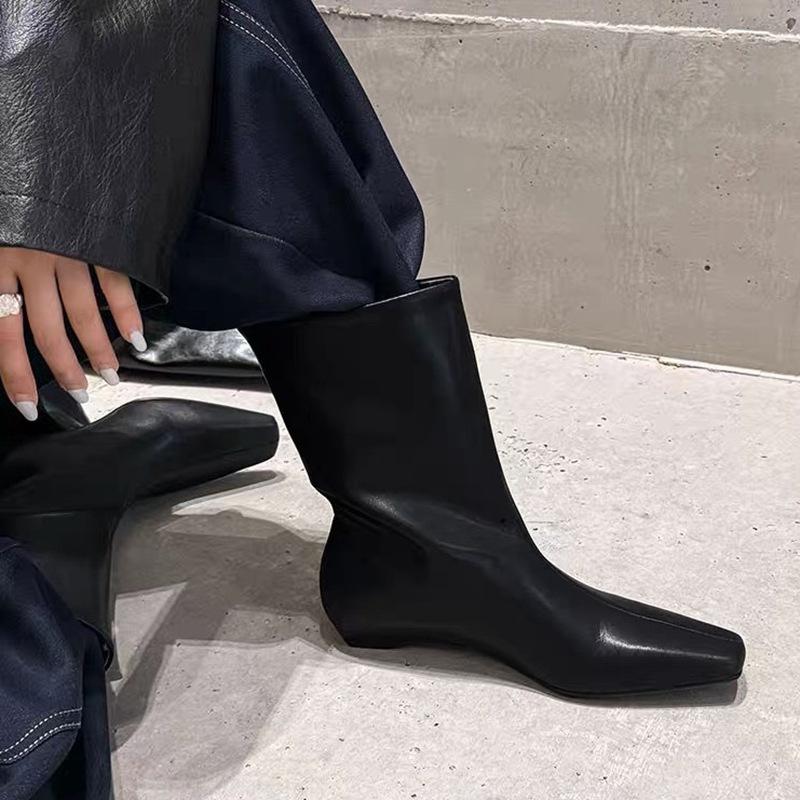 Fashion Skinny Boots Women's Autumn and Winter Square Head Sleeve Thick Heel Low Heel Simple Temperament Short Boots Women's Boots