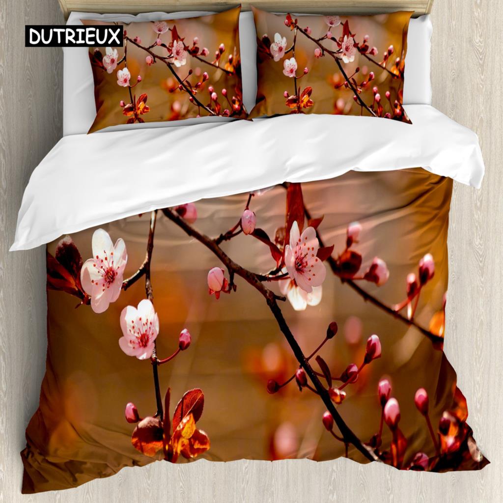 Japanese Duvet Cover Set Simplistic Cherry Blossom Tree Botanic Themed Pattern Fresh Organic Lines Bedding Set for Kids Girls