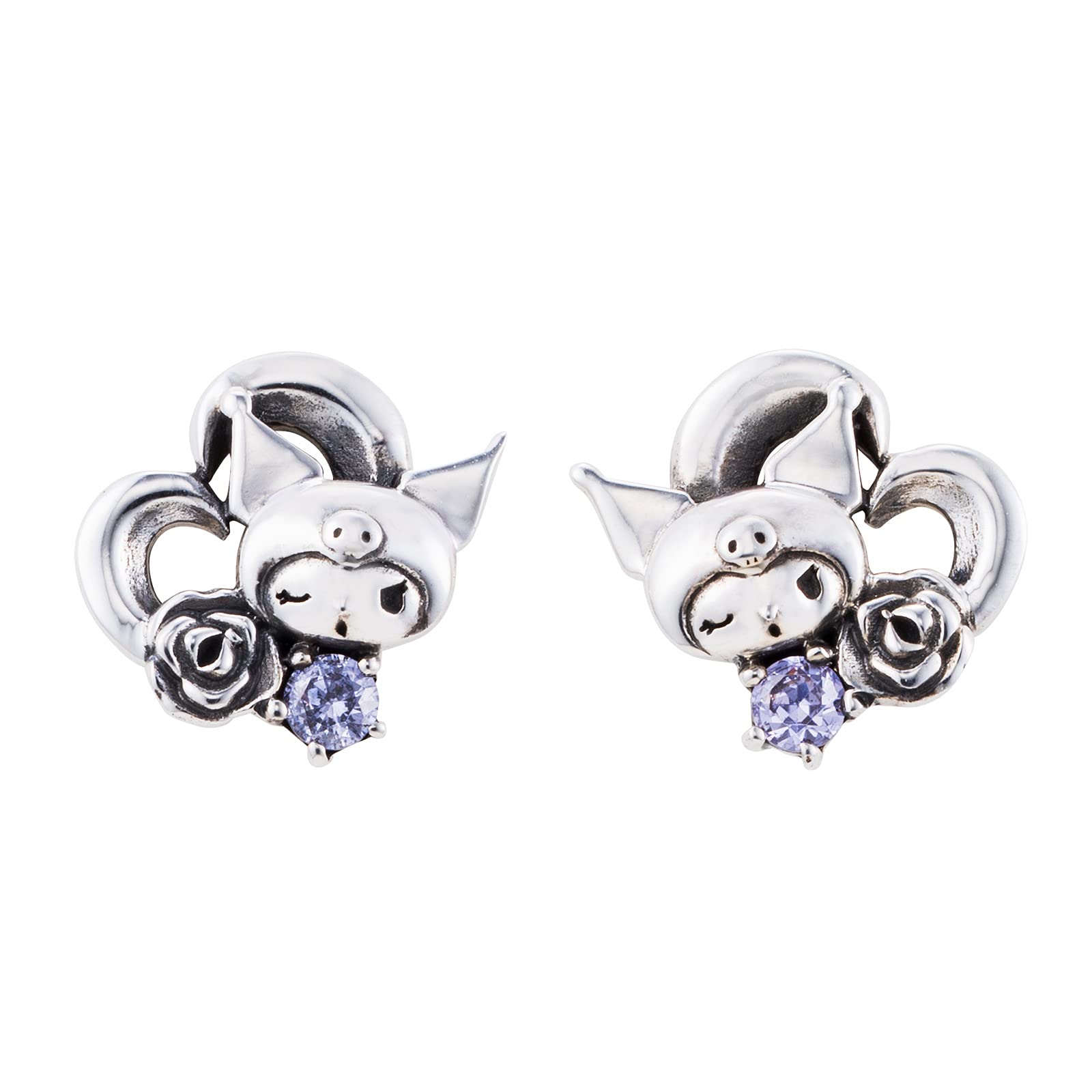 

Сережки Kuromi 925 проби, срібло, кубічний цирконій, окислене серце, квітка KUROMI Sanrio Characters [біла конюшина] SAKU-P005