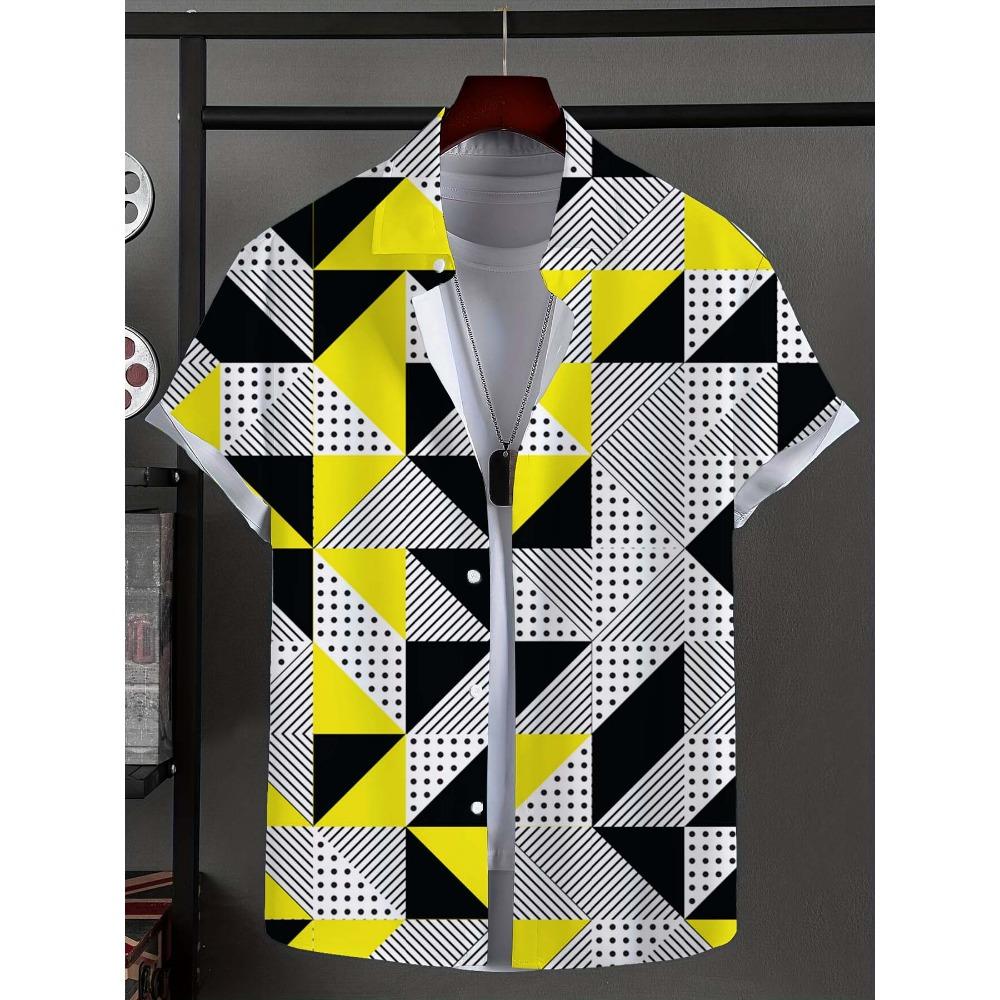 Men's shirt with novel striped patchwork pattern button up shirt, fashionable and casual new unisex shirt, vacation collar short sleeved shirt