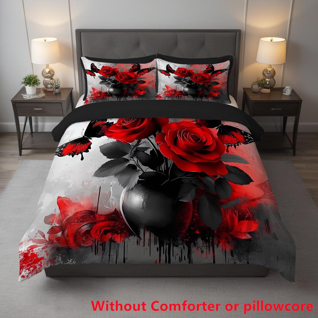 Red Rose Butterfly Pattern 3D Printed Quilt Cover Elegant Beauty Style Bedding Set Luxury Home Textiles Duvet Cover Pillowcases