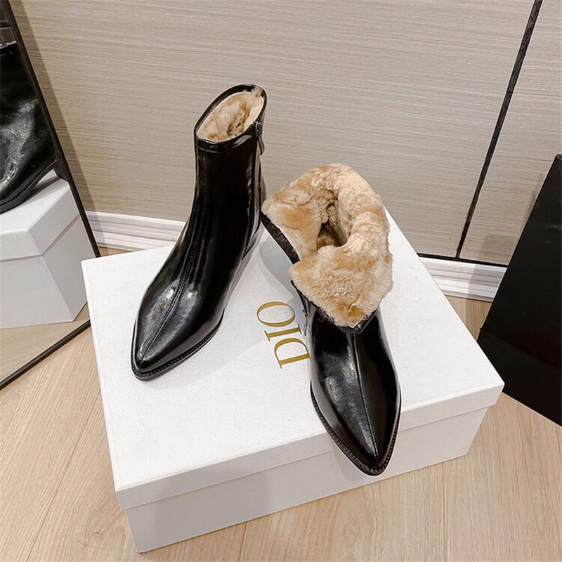 Fashion New Winter Split Leather Women Boots Pointed Toe Warm Wool Boots for Women Fashion Boots Concise Ladies Shoes Zapatos De Mujer