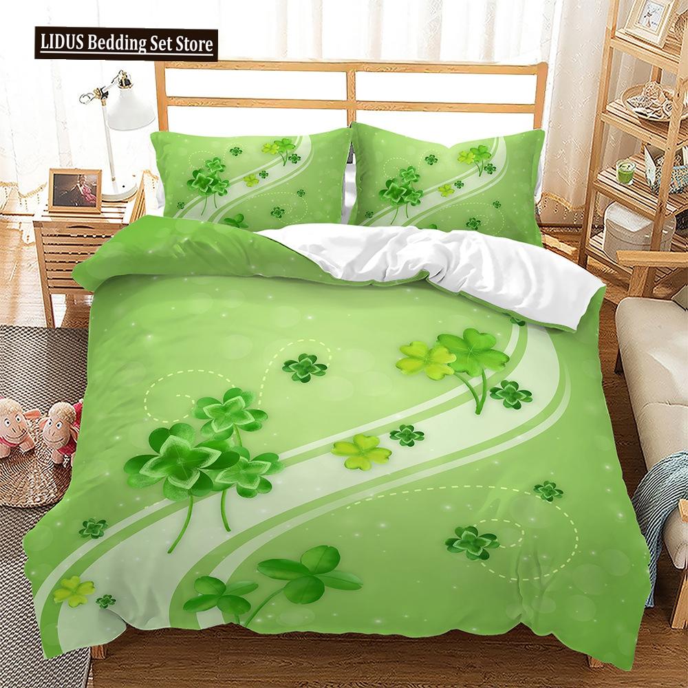 Four-leaf Clover Duvet Cover Set Green Leaves With Good Luck Polyester Comforter Cover For Kids Boy Girl Bedding Set King Size