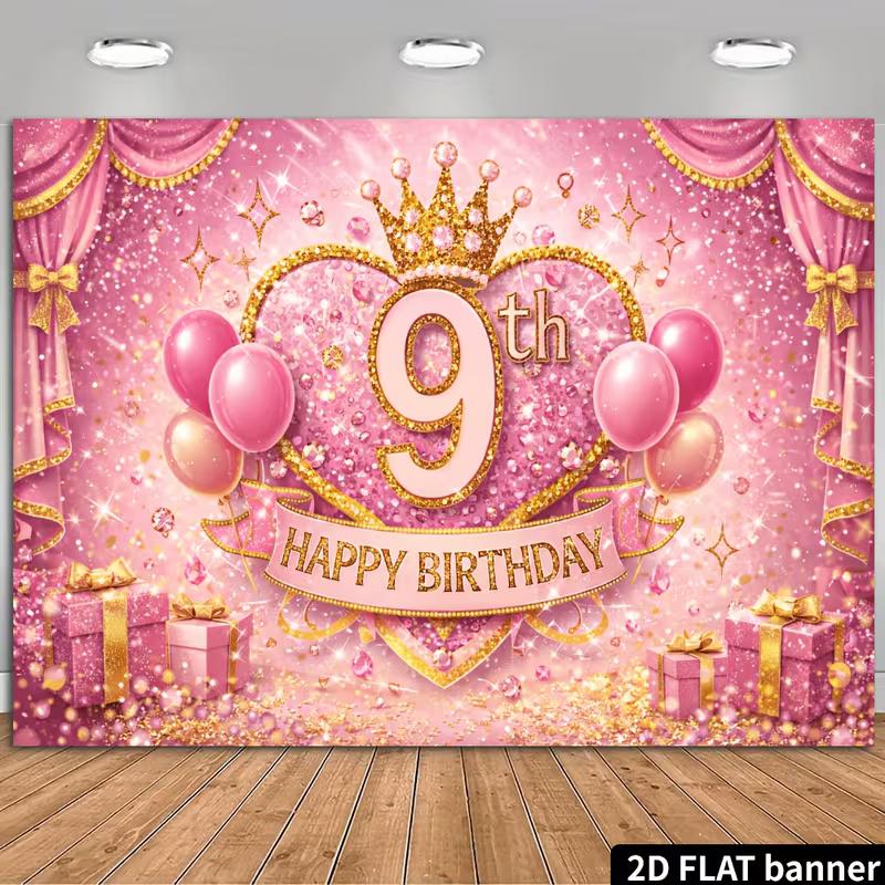 2D Roségold Glitzer 9. Geburtstag Party Hintergrund, Prinzessin Thema Hintergrund Dekoration