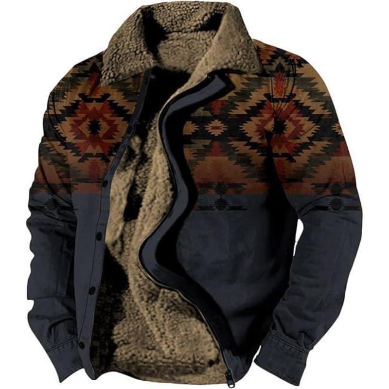 Men's Western Style Aztec Print Jacket Sherpa Lined Collar Cow Skull Graphic Warm Winter Coat