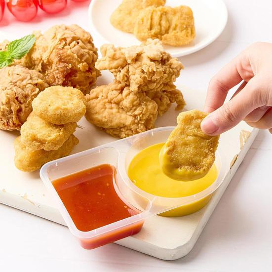 Double Compartment Condiment Container with Lids And Spoon Leakproof Sauce Box Reusable Transparent Seasoning Containers for Kitchen Cafe Restaurant