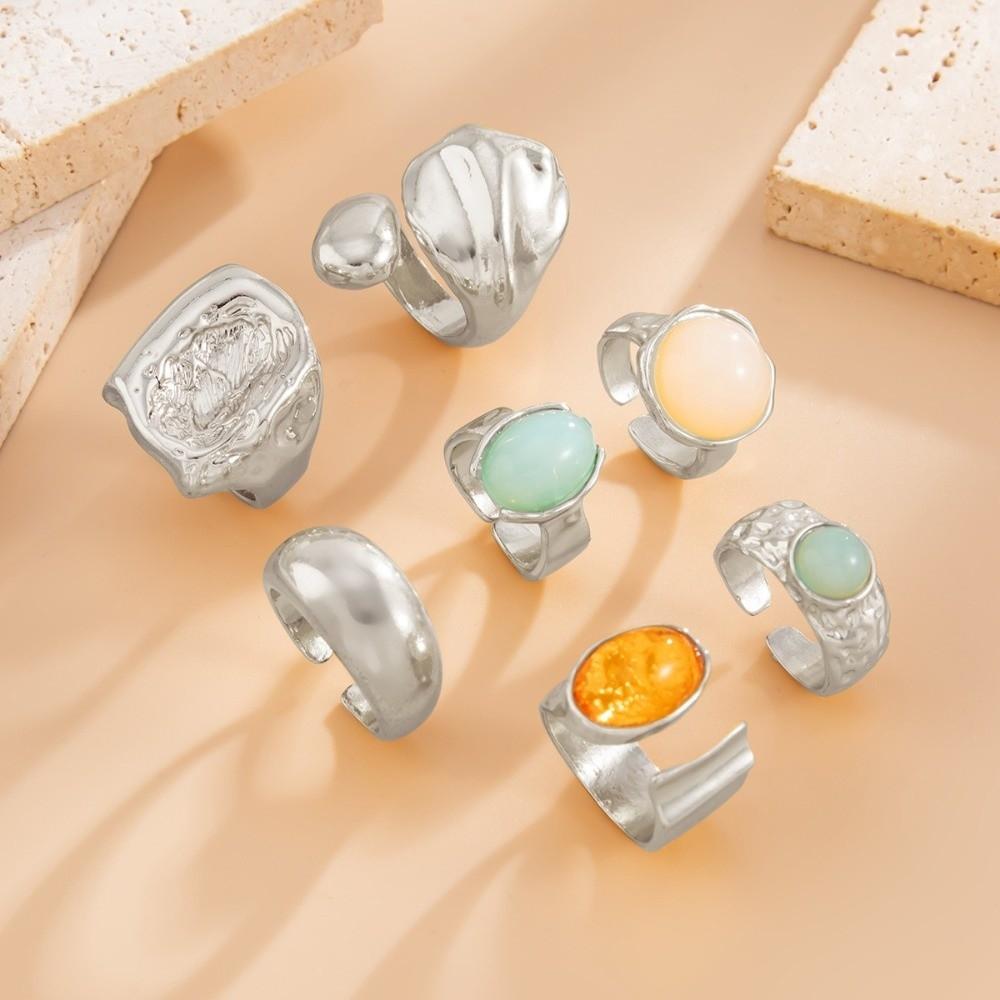 5pcs/7pcs Stackable Chunky Smooth Rings Irregular Retro Metal Ring  Matchable Jewelry