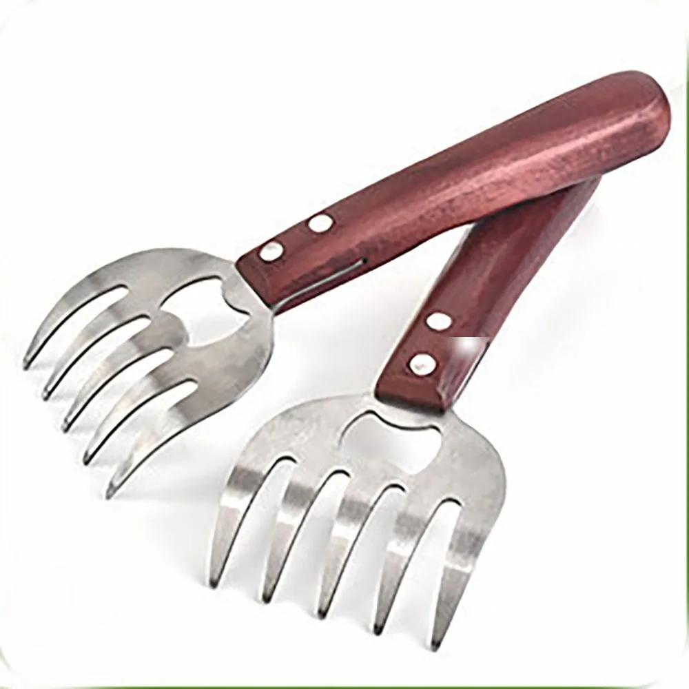 Long Handle Meat Divider Stainless Steel Bear Claw Fork Meat Remover Wooden Handle Multi-function Meat Shredder Claw Kitchen