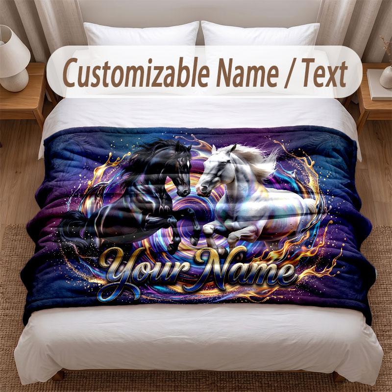 Manta Suave con Temática de Caballos Nombre Personalizado Impresión de Texto Manta Cálida Decoración para Sofá del Hogar Dormitorio
