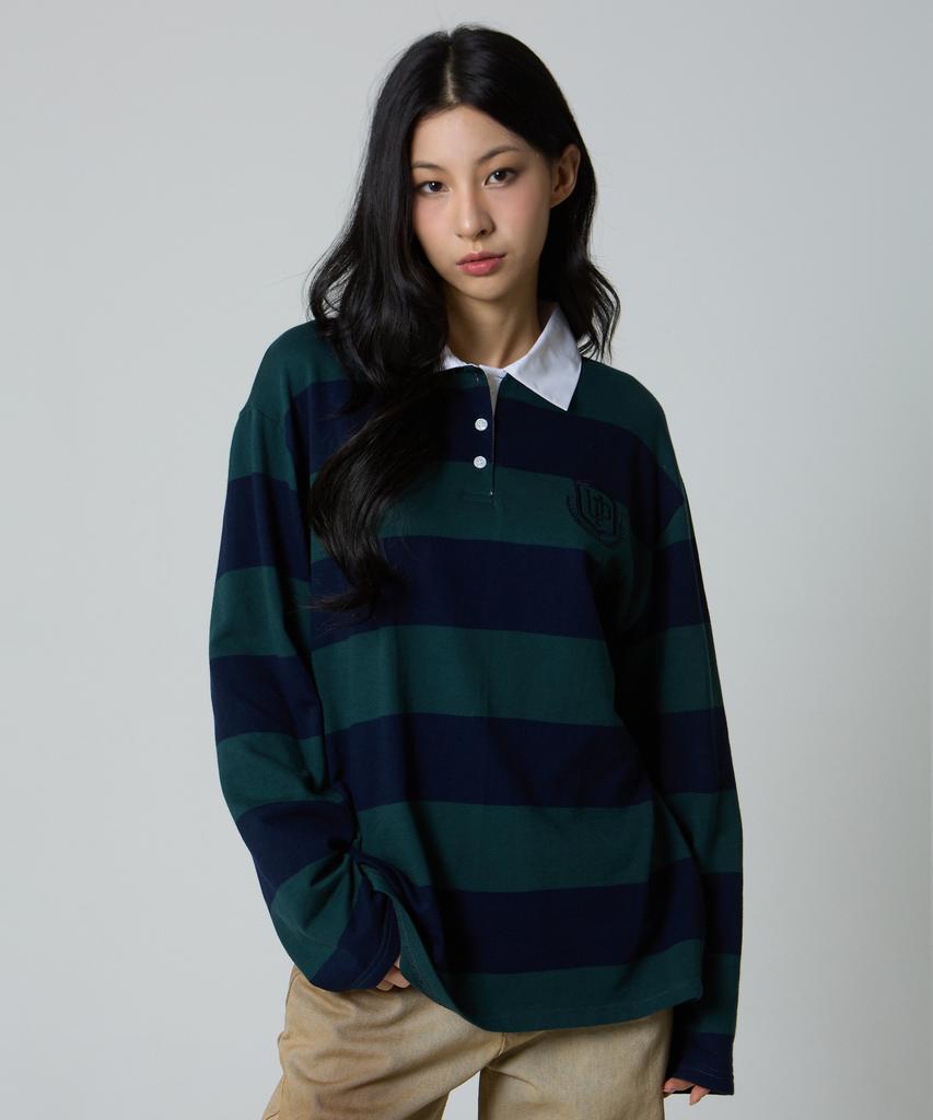 UNKNOWN PLANET Striped Rugby Collar Shirt Green