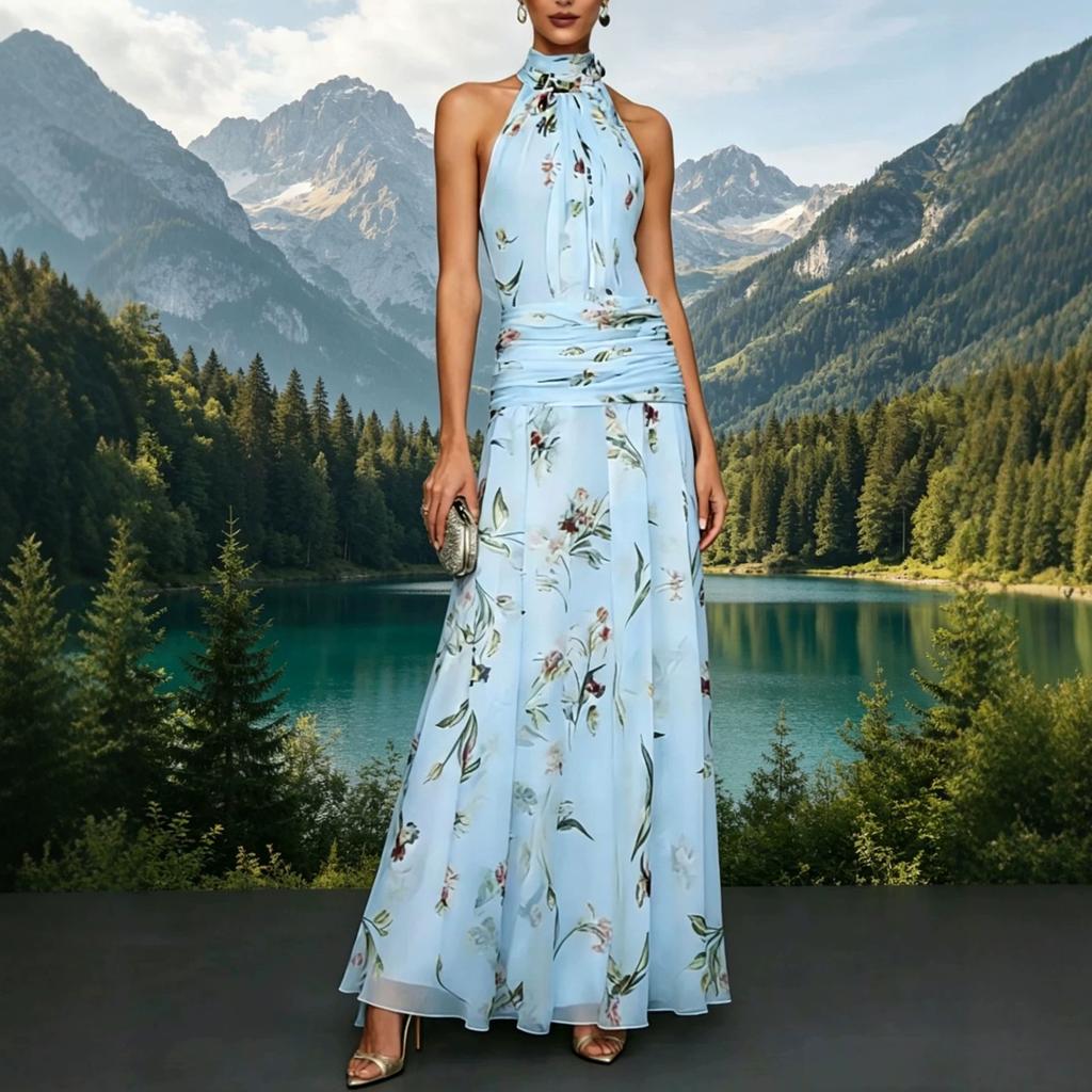 Europäisches und amerikanisches, französisches Halsblumenkleid, farbenfrohes Chiffon-Faltenbund ärmelloses schulterfreies Feenkleid