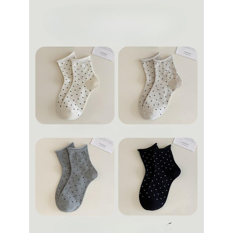 4 Pairs of Mid-calf Polka Dot Rolled Summer Cotton Socks, Sweat-absorbing, Odor-proof, Versatile and Simple Student Thigh-high Socks