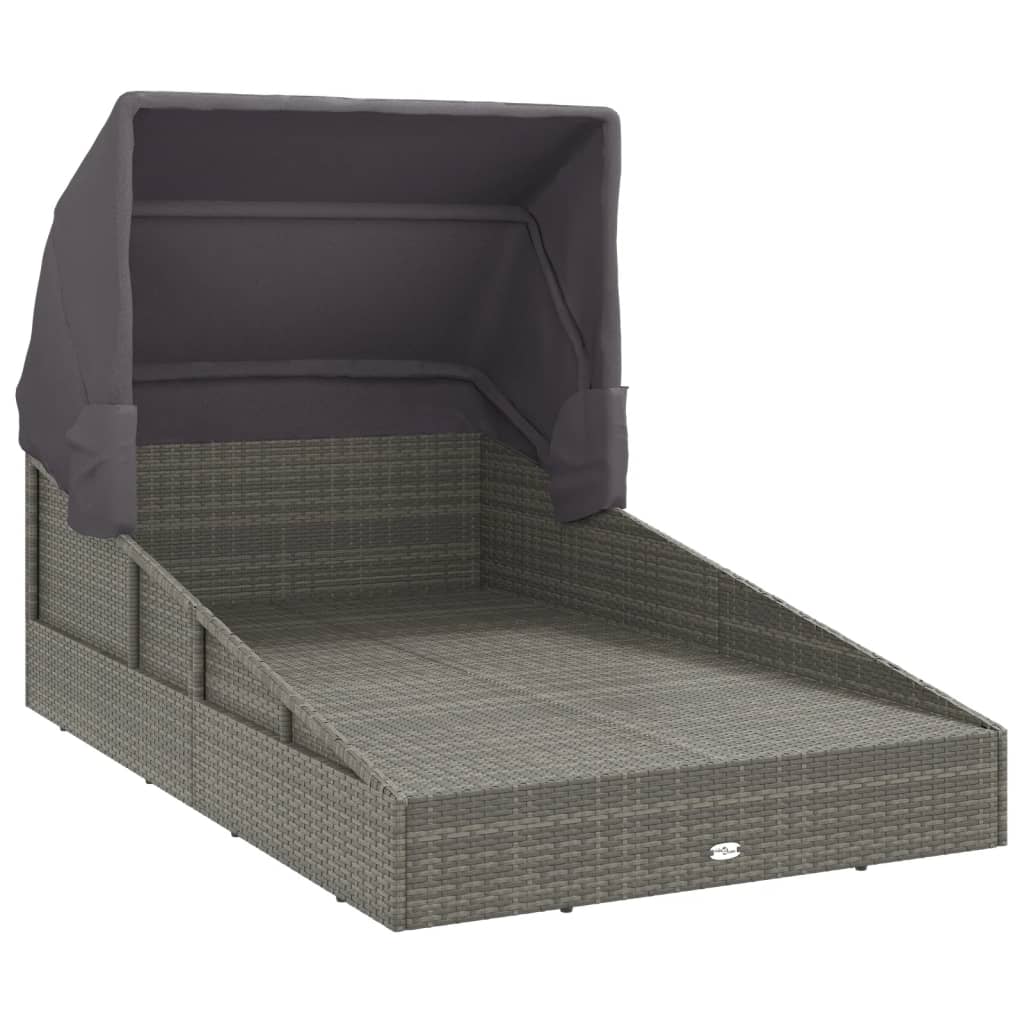 Folding Sun Lounger with Canopy Gray 200 x 114 x 128 cm Poly Rattan