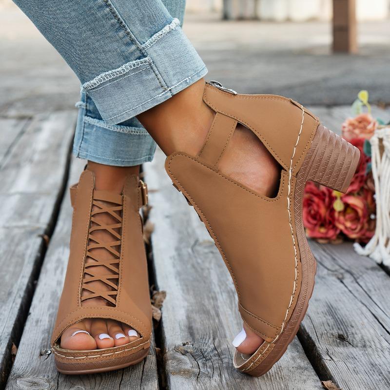 

Fashion Roman Sandals Autumn New Round Toe Open Toe Cutout Metal Buckle Platform Non-slip High Heel Plus Size Women s Shoes 36 коричневый