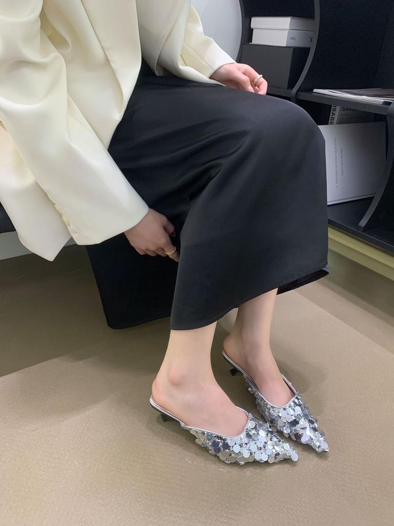 2025 Spring New Sweet Fish Scale Sequins Stiletto Niche Sandals Evening Mary Jane with Skirt Half Slippers