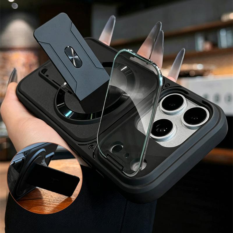 Fold Stand Magnetic Armor Case for 17 Air 16 15 14 Plus 13 12 11 Pro Max For Magsafe Camera Holder Lens Protection Cover