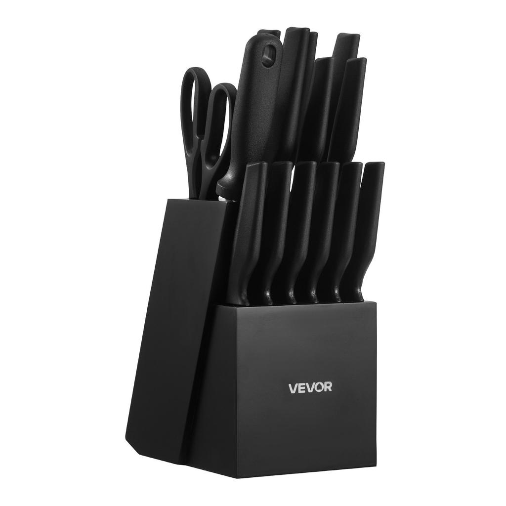 VEVOR Küchenmesser-Set mit Block und Schärfer, 15-teiliges deutsches Hochkohlenstoff-Edelstahlmesser-Set, Küchenbesteck mit PP-Ergonomischem Griff