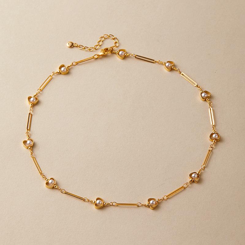 K Gold Plated Copper Pearl Heart Clavicle Necklace Women Elegant Minimalist Jewelry золотой