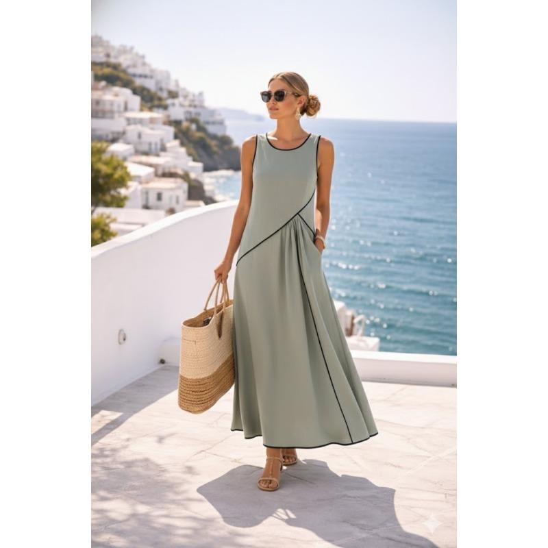 

Round-neck Sleeveless Color-coordinated Loose-fitting Slimming Crossover Dress - Elegant Long Dress for Summer, New Style 3XL