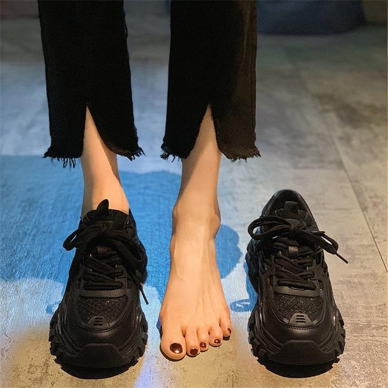 Trendy Women Dad Sneakers Mesh Breathable Lace Up Platform Thick Sole Comfort Heightening Student Shoes 35 чёрный