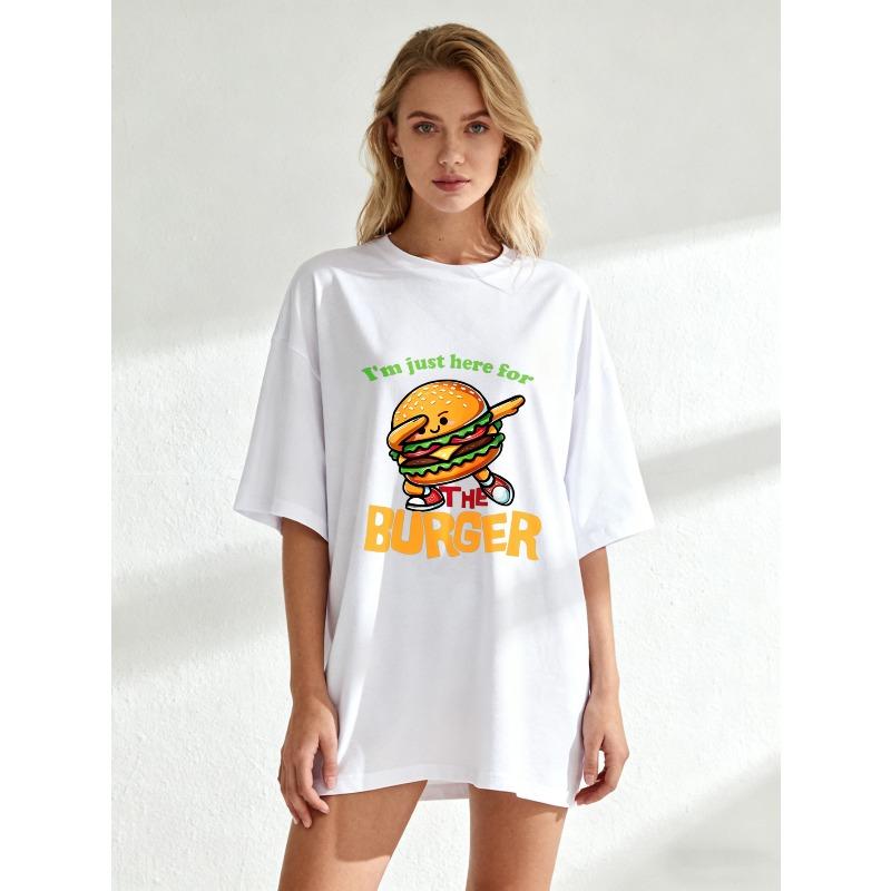 Oversized T Shirt Black I M Just Here For The Burger Cartoon Burger Graphic Casual Wear For Women Summer Outfit Streetwear Fashion Trendy Top