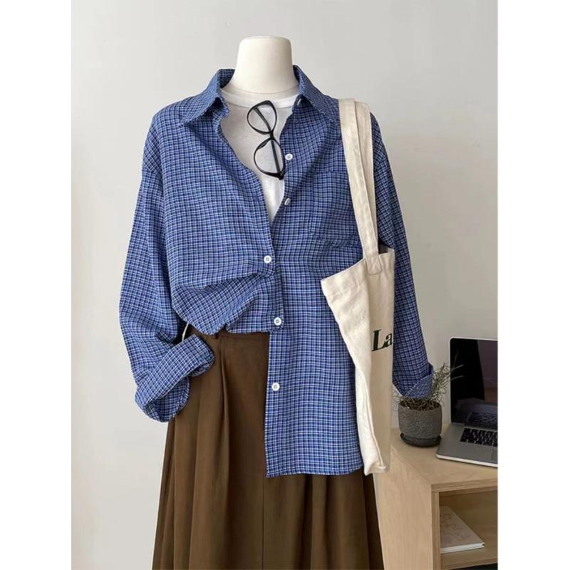 New American Retro Long-sleeved Blue Plaid Shirt Lazy Loose and Thin Versatile Autumn Shirt Top Coat