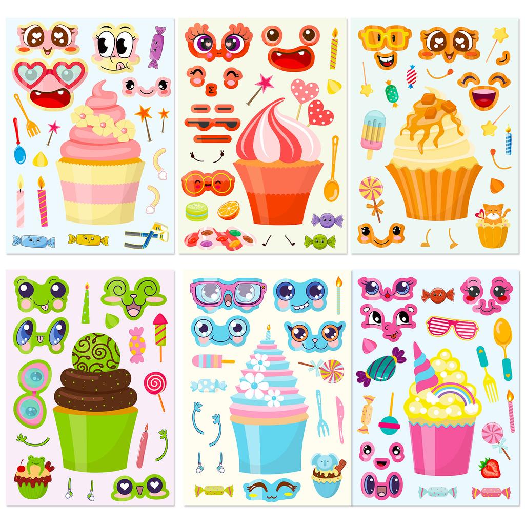 6 Pictures/package Cartoon Cake Puzzle Face Change Stickers Cute Style Children's Hands-on Ability Cultivation Toy Stickers